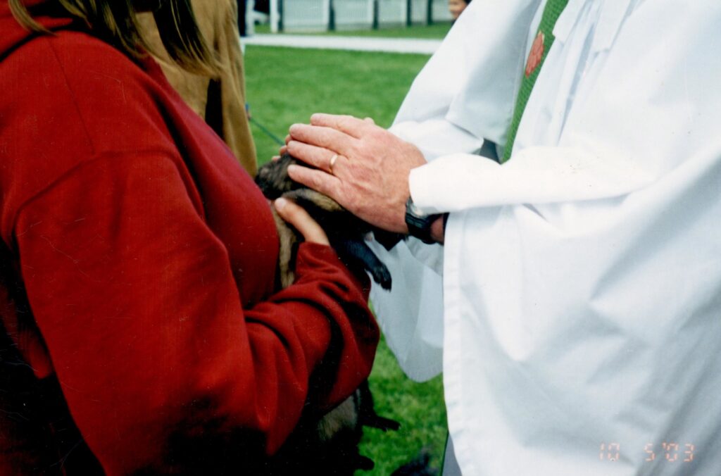 priests hands over a pet held by a woman at the saint johns episcopal blessing of the animals ceremony